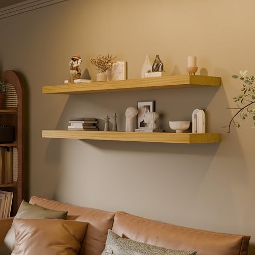 Image of 60 Inch Extra Long Floating Shelves, Set of 2 Deep Floating Shelves 12in Depth, Floating Shelves Long Heavy Duty Wood Shelves for Wall, Solid Wood Sleek Light Brown