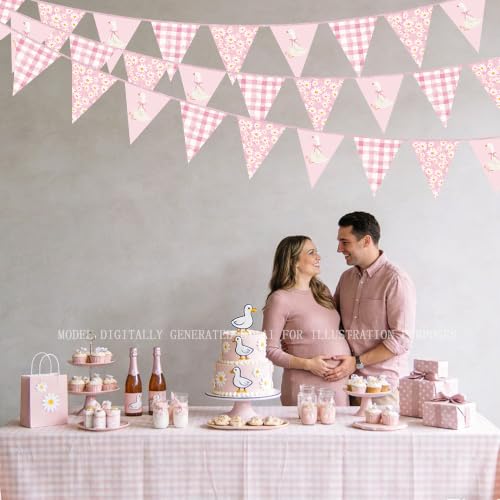 Image of 30 Ft Silly Goose Party Decorations Dusty Pink Buffalo Plaid Floral Daisy Silly Goose Pennant Banner Flag Hanging Paper Triangle Bunting for Birthday Wedding Shower Party Decorations Supplies