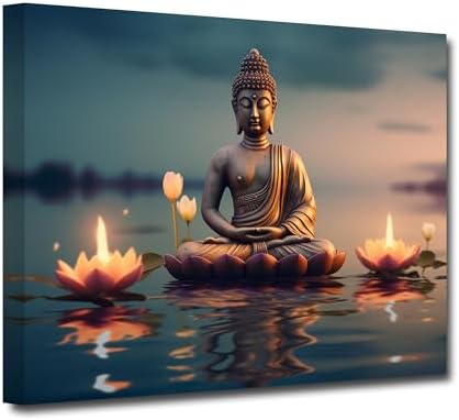 CXHOSTENT Buddha Canvas Wall Art, Buddha Statue Painting with Lotus Flowers, Zen Spa Artwork for Buddhist Prayer Wall Decor (16″x24″)