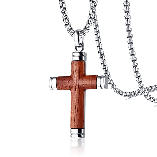 Ropartman Wooden Cross Necklace, Christian Stainless Steel Crucifix Pendant For Men, Hand Inlaid Real Pear Wood Free Necklace 24" Round Box Chain (Original Cross) #TOP5