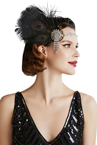 BABEYOND 1920s Flapper Headband Peacock Feather Gatsby Headpiece Roaring Vintage Costume Hair Accessories