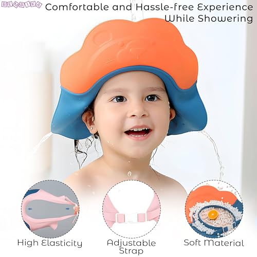 Image of Bembika Baby Shower Cap For Washing Hair, Eye Protection And Hair Wash Reusable, Waterproof, And Comfortable For Babies - (Orange Blue)
