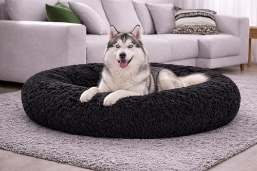 Image of ZEXSAZONE Summer Round Donut Pet Bed for Cats and Puppies Dogs, Cozy and Plush, Raised Bedside Support, Both Sides Use Like 2 in One, Washable, Sizes for Small, Medium, and Large Pets. (Black, Large)