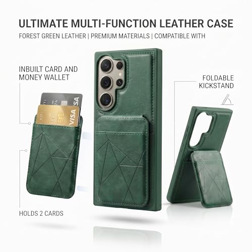 Image of amazon basics Premium Vegan Leather Back Cover with Card Holder and Integrated Mobile Stand for Samsung Galaxy S24 Ultra 5G - Slim Shockproof Wallet Case with Geometric Stitching [Green]