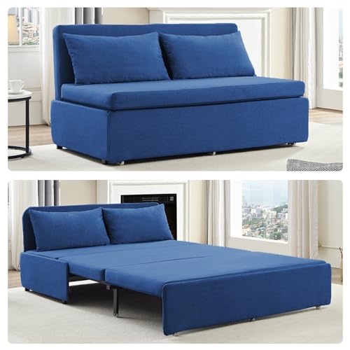 Image of BALUS 43 inch W Queen Size Sleeper Couch Bed Pull Out Sofa with Pullout Beds, 2 in 1 Convertible Linen Single Sleepers Sofas Chair with Foldable Mattress and Pillows for Small Space Apartment, Blue