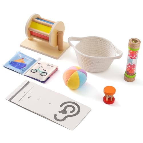 Image of WOODEN TEETHER Montessori Toys for Babies 0-6 Months, Educational Learning Montessori Toy Set, Rainbow Ball,Baby Roller, Spinning Drum, Tummy Time Cards, Cognition Crinkle Bag,Beaded Raindrops