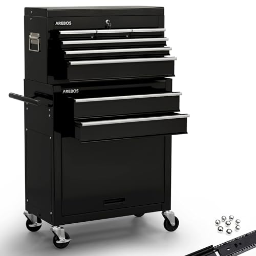 AREBOS Carrello da officina a 9 scomparti | Tappetini antiscivolo | con cassetta portautensili estraibile | serratura centrale | cuscinetto a sfera | con freno di stazionamento | Nero