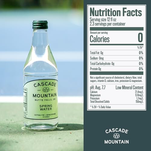 Cascade Mountain Spring Water in Glass Bottles | 12oz (12 Pack) | 7.7 pH Balanced, Purified, Natural Spring Bottled Drinking Mineral Water – Elevate Your Hydration