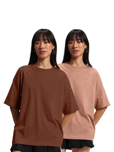 Image of JUNEBERRY Pure Cotton Drop Shoulder Oversized Baggy Fit Half Sleeve Plain Solid Round Neck Multicolor T-Shirt for Women & Girls (Pack of 2) (Sizes S-2XL)