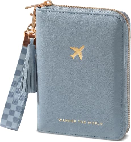 Image of Stylish Passport Holder for Travel with Detachable Wristlet Strap, Blue, 6.4 x 4.6 x 0.7 inches, Modern | All-in-one Travel Wallet Organizer for Women - Secure Money Belt Alternative with Card Slots and Tassel Keychain