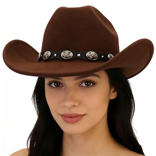 Image of Western Cowboy Hat for Men Women Wide Brim Felt Cowboy Cowgirl Hat with Buckle Belt Classic Fedora Hat