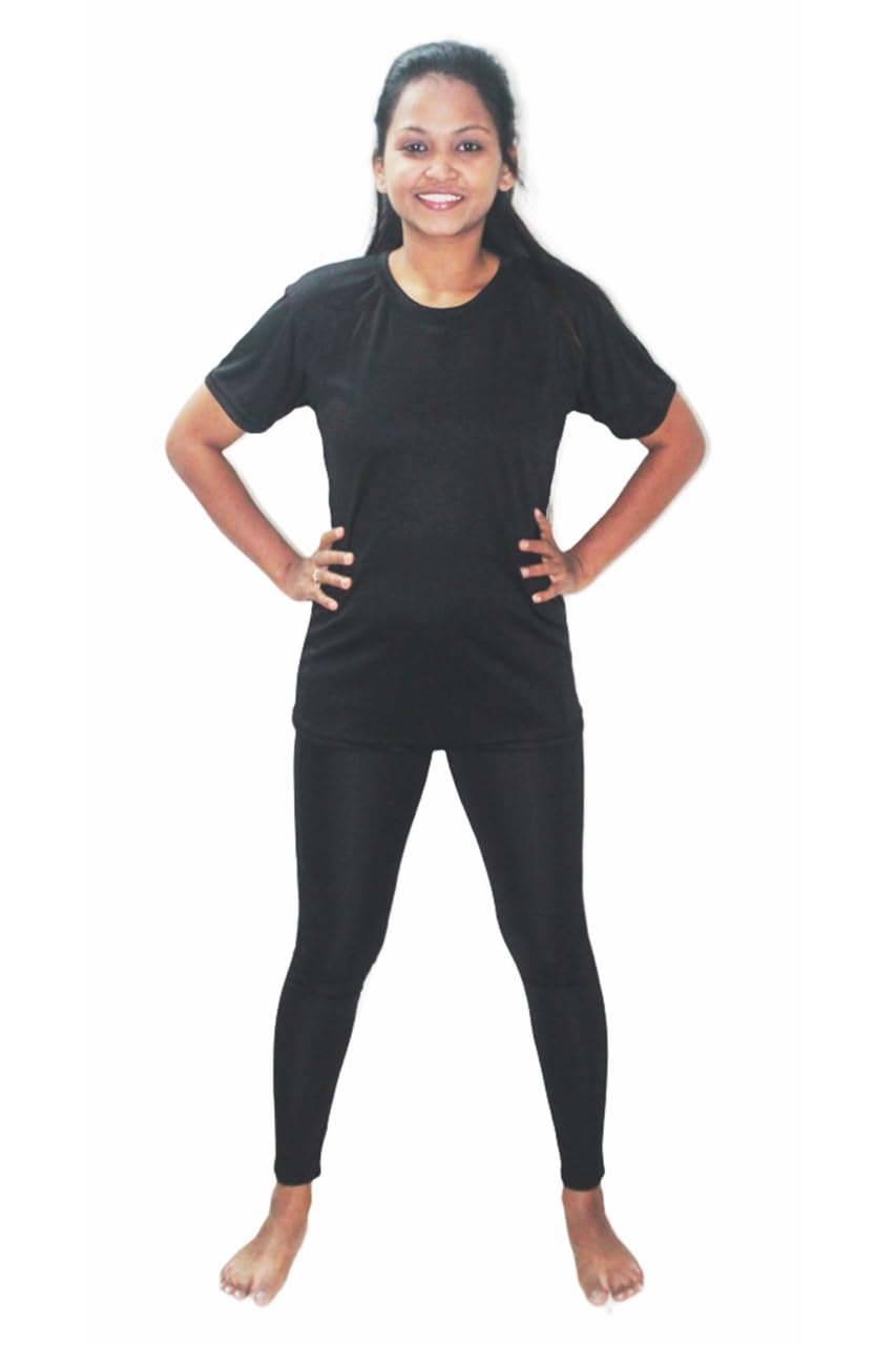 Spandex Women's Regular Fit Compression Long Tights/Swim Leggings with Half Sleeves Tshirt | Adjustable, Quick Drying Leggings for Swimming, WaterParks, Surfing & Other Sports - Black