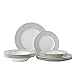 Amazon Brand - Umi Juego de vajilla para 4 platos de 12 piezas, platos laterales, cuencos de sopa, diseño clásico con bandas plateadas