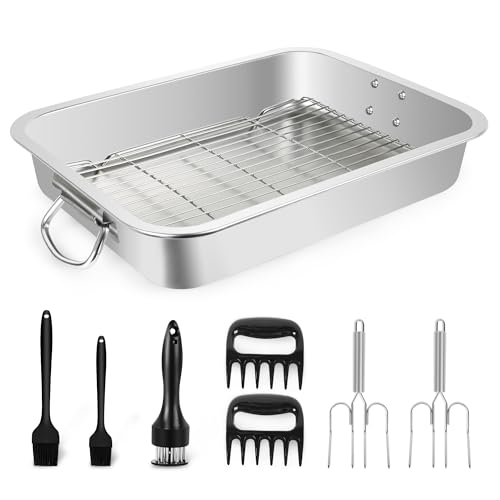 Stainless Steel Turkey Roasting Pan,Heavy Duty Nonstick Surface Roaster Pan Rectangular Lasagna Cake Baking Pans with Rack,Meat Claws, Turkey Fork,Silicone Brush,Tender Meat Needle