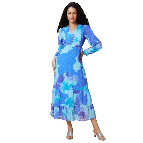 Image of Globus Women Pink Abstract Print V-Neck Casual Tie-Up Fit and Flare Tiered Maxi Dress-3639580001