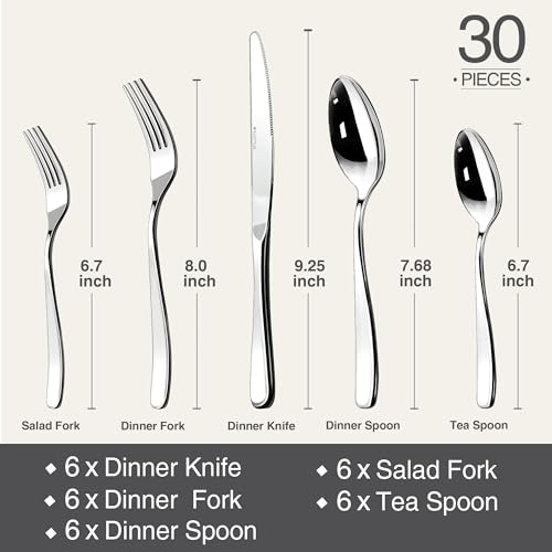Image of Silverware Set for 6, 30 Piece 18 /10 Stainless Steel Flatware Utensils Cutlery Set, Mirror Polished knives Forks and Spoons Silverware Sets,Dishwasher Safe for Dinner Home Kitchen,Wedding Party