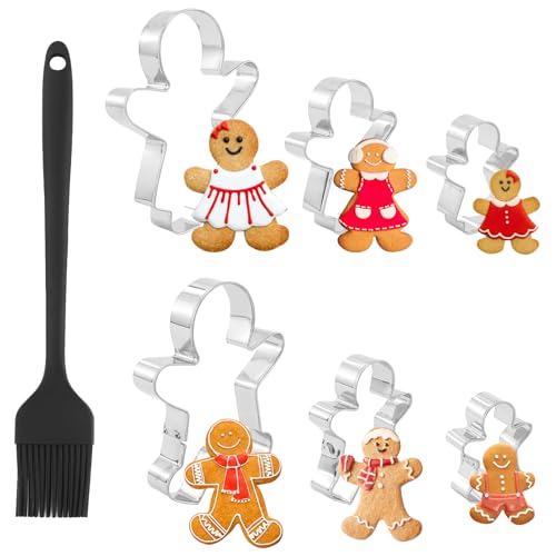 Lot de 6 emporte-pièces en acier inoxydable avec bonhomme en pain d'épices pour garçons et filles avec 1 pinceau à barbecue pour la cuisson de gâteaux