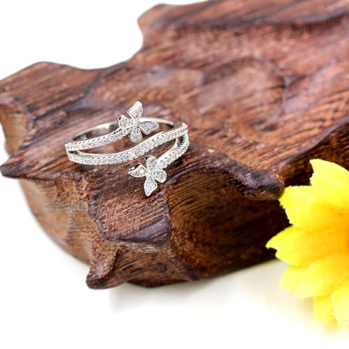 | Silver Butterfly Rings | Cubic Zirconia Butterfly Jewelry | Double Butterfly Ring for Women | Cute Engagement Ring | Silver Color Butterfly Ring | Y42083