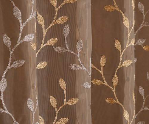 Image of Fabrilia Sheer Tissue Embroidery Curtain for Living Room, Bedroom & Dining Area | Leaf Vine Pattern Net Eyelet Curtain | Brown with Gold Touch Design | 9 feet Long Set of 2 Curtain