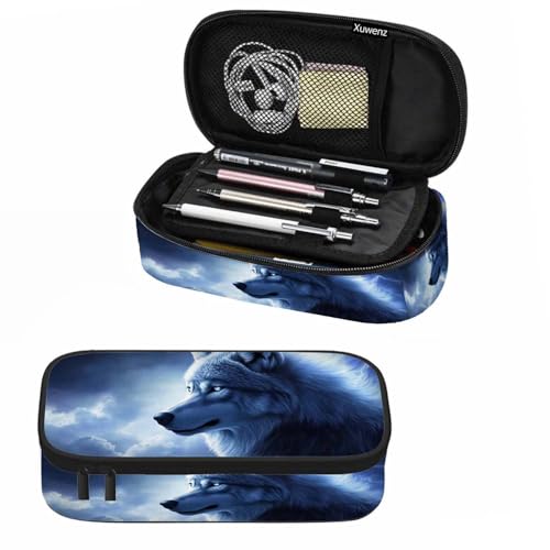 Image of Blue Wolf Pencil Case Organizer Lightning Galaxy Starry Beast Wolf Animal Stationery Box Makeup Box School Supply for Boy Girl Men Women