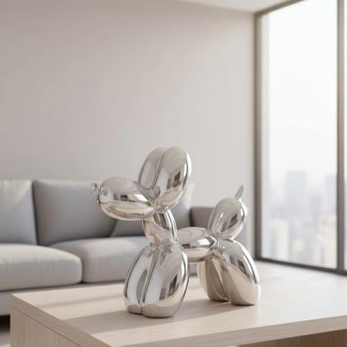 YOYUMI Galvanisiert Ballon Hund Skulptur, Luxus Ornament, Harzstatue für Wohnzimmer Schlafzimmer Bürodekor, Hochglanz Finish Dekorative Statuen, Silber, 18 x 20 x 9 cm