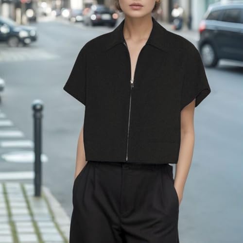 FindThy Women’s Cropped Jacket Trendy Lapel Collar Short Sleeve Solid Color Zip Up Outerwear Coat3