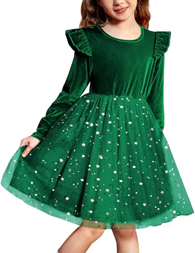 Arshiner Vestido para Niñas Vestido de Terciopelo Vestido de Manga Larga con Volantes para Niños Vestido de Navidad Verde Vestido de Fiesta de Princesa Vestido de Noche con Lentejuelas 2-3 Años