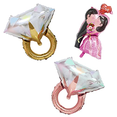 2 Globos de Anillo de Diamante y 1 de Pareja - Decoración de Compromiso, Lámina Dorada para Bodas, Despedidas de Soltera y Aniversarios