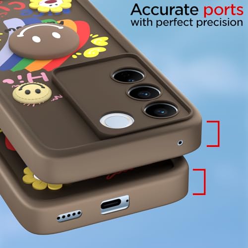 Image of Pikkme Back Cover for Vivo V27 5G / V27 Pro 5G | Soft Silicone| Cute Rainbow Smile & 3D Cartoon Flower Design | Shockproof Raised Camera Protection Bumper Case (Brown)