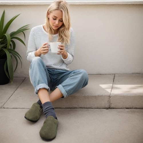 Image of Clogs for Women Suede Soft Leather Clogs Classic Cork Slip on Shoes Antislip Slippers Waterproof Mules House Sandals Buckle