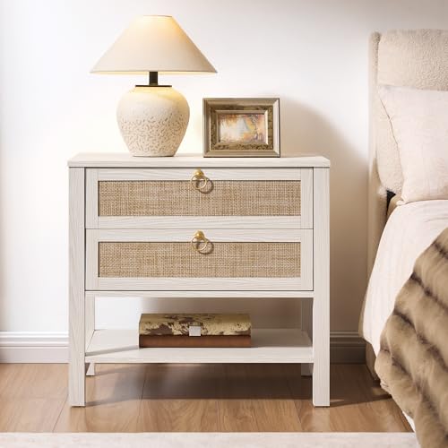 Image of SICOTAS Boho Rattan Nightstand Set of 2, 26.7 inch Extra Wide Bedside Table with 2 Drawers & Open Shelf, White Oak Large Side Table for King Size Bed, Modern Coastal End Table for Master Bedroom