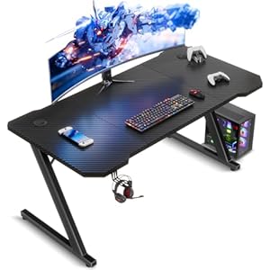 Gaming Tisch 120 x 60 cm, Gaming Schreibtisch, PC Tisch mit Kopfhörerhaken und Kohlefaserbeschichtung, Ergonomischer Computertisch, Metallgestell, Kohlefaser Schwarz