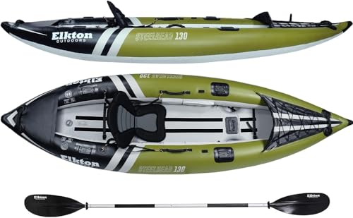 Elkton Outdoors Steelhead Inflatable Fishing Kayak Boat - 2 Person Angler Blow Up Tandem Kayak, Includes Paddles, Seats, Hard Mounting Points, Bungee Storage, Rigid Dropstitch Floor and Spray Guard