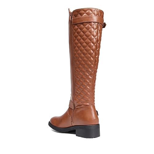 DREAM PAIRS Women's Knee-High Boots Comfortable Chunky Block Heel Round Toe Side Zipper Riding Fashion Buckles Biker Motorcycle Boots,Size 7.5,Light Brown,UTAH