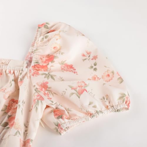 Image of Scarlet Darkness Summer Spring Split Floral Corset Midi Dress with Pockets | Floral dress with elastic sleeves, tie square neck, smocked back, 66 boned waist, left zip, side pockets, front thigh slit