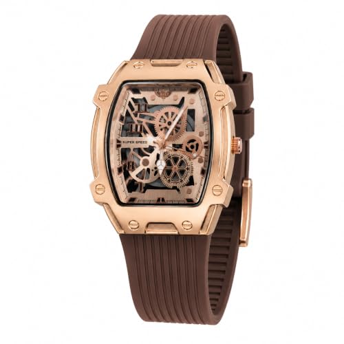 Image of Men's Analog Watch with Skeleton Dial, Rose Gold Alloy Case, Brown Silicone Strap, Quartz Movement, Magnetic Buckle & 30M Water Resistant Wrist Watch