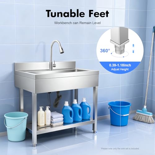 Stainless Steel Utility Sink, Freestanding Single Bowl Utility Sink with Storage Rack, Faucet, Commercial Bowl Kitchen Sinks for Kitchen Laundry Room Farmhouse Indoor and Outdoor, 39\" x 20\" x 31.5\" - Thumbnail 6