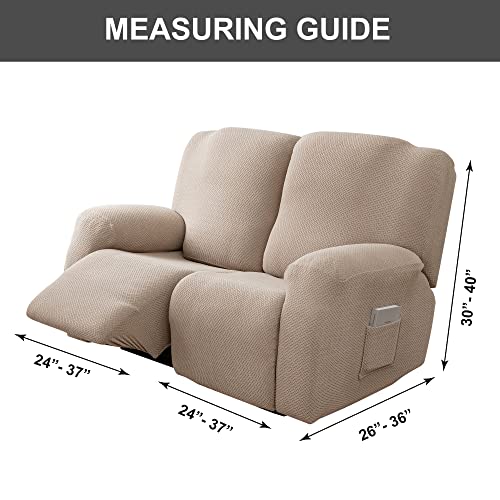 Image of Genina Recliner Loveseat Covers, Stretch Reclining Sofa Covers, 2 Seater Couch Cushion Stripe Jacquard Recliner Slipcovers - Furniture Protector Covers for Pet Kid (Taupe)