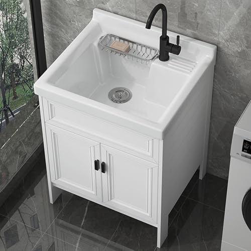 Moderner Badezimmer-Waschtisch mit Keramik-Spüle und freistehendem Schrank, Warm- und Kaltwasser-Ablaufgarnitur, ideal für Waschküche oder Keller
