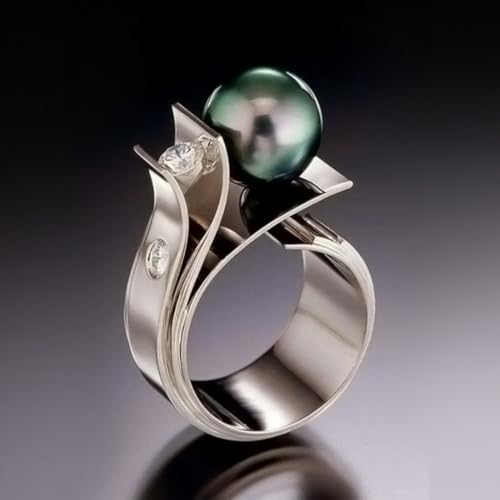 White Gold Plated Cubic Zirconia Statement Ring Green Pearl Personalized Accessory Ideal for Women's Daily Casual Wear Party Holiday Anniversary Love Jewelry Gift