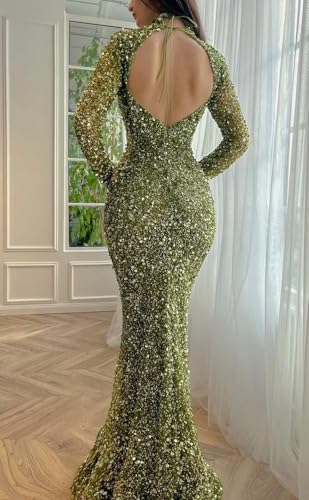 Sequin Mermaid Prom Dresses 2024 Sparkly High Neck Long Sleeve Bodycon Formal Evening Party Gowns with Belt3