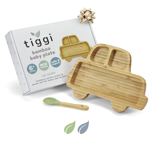 Tiggi Bamboo Baby Plate Baby Feeding Set with Suction Plate and Spoon | Eco-Friendly Bamboo Plates for Babies and Toddlers (Car, Mint Green)