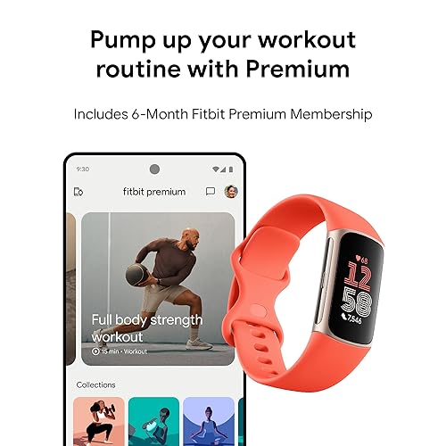 Fitbit Charge 6 Fitness Tracker with Google apps, Heart Rate on Exercise Equipment, 6-Months Premium Membership Included, GPS, Health Tools and More, Gold/Coral, One Size (S & L Bands Included) image 9