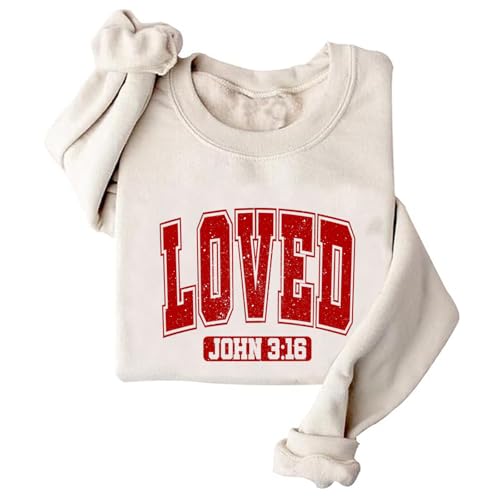 Image of TONGCHEN Christian Faith Sweatshirt for Women LOVED John 3:16 Religious Crewneck Sweatshirts Pullover Valentines (US, Alpha, Large, Regular, Regular, Khaki)