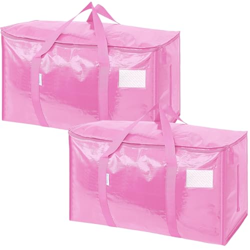 Image of TICONN 2 Pack Extra Large Moving Bags Heavy Duty with Zippers & Carrying Handles, Durable Storage Bags Moving Boxes for Closet Organizers and Storage (2 Pack, Pink)
