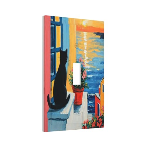 Decorative Switch Covers Plate Vintage Oil Painting Style Black Cat Sea Flowers 1 Gang Wall Plate Oversized Single Toggle Wall Cover Plate Jumbo Electrical Light Switch Plate Faceplate