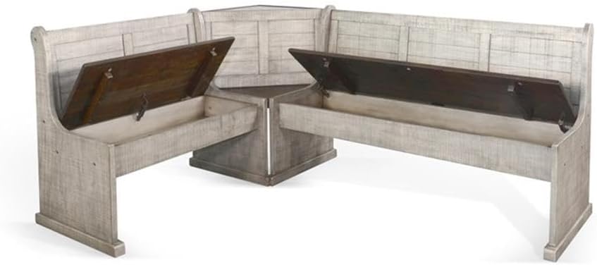 Pemberly Row 3-Piece Traditional Solid Wood Breakfast Nook Set with Table, Storage Space, Foldable Corner Shelf, Fit Any Space Blending Style and Function, in Gray & Brown Finish