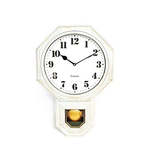 Signature White Antique Mini Pendulum Wall Clock, Simulated Metallic Vintage Texture, Non-Ticking Silent Sweep Movement, 11.4" x 17" x 2.4", Retro Classic Style, Plastic Frame with ABS Glass (White)