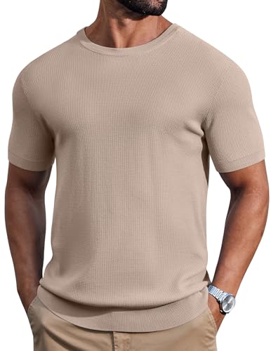 COOFANDY Knit Polo Shirts for Men Short Sleeve Textured Polo Shirt Slim Fit Summer Collared T Shirt Khaki