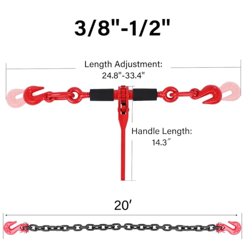 Image of Chain and Binders Kit 3 /8''-1 /2 inch, G80 Ratchet Load Binder 3 /8 inch to 1 /2 inch, Transport Chain 3 /8 inch x 20 Feet with G80 Hook, 9,200lbs Working Strength Safety Chain and Ratchet Binder for Towing